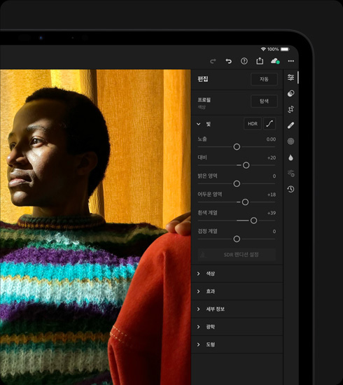 iPad Pro에서 컬러풀한 스웨터를 입고 있는 사람을 찍은 사진을 편집 중인 모습