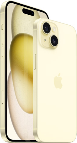 옐로 색상 17.0cm iPhone 15 Plus의 앞모습과 15.5cm iPhone 15의 뒷모습.