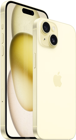 Vista frontal del iPhone 15 Plus de 6.7 pulgadas y vista posterior del iPhone 15 de 6.1 pulgadas en amarillo.