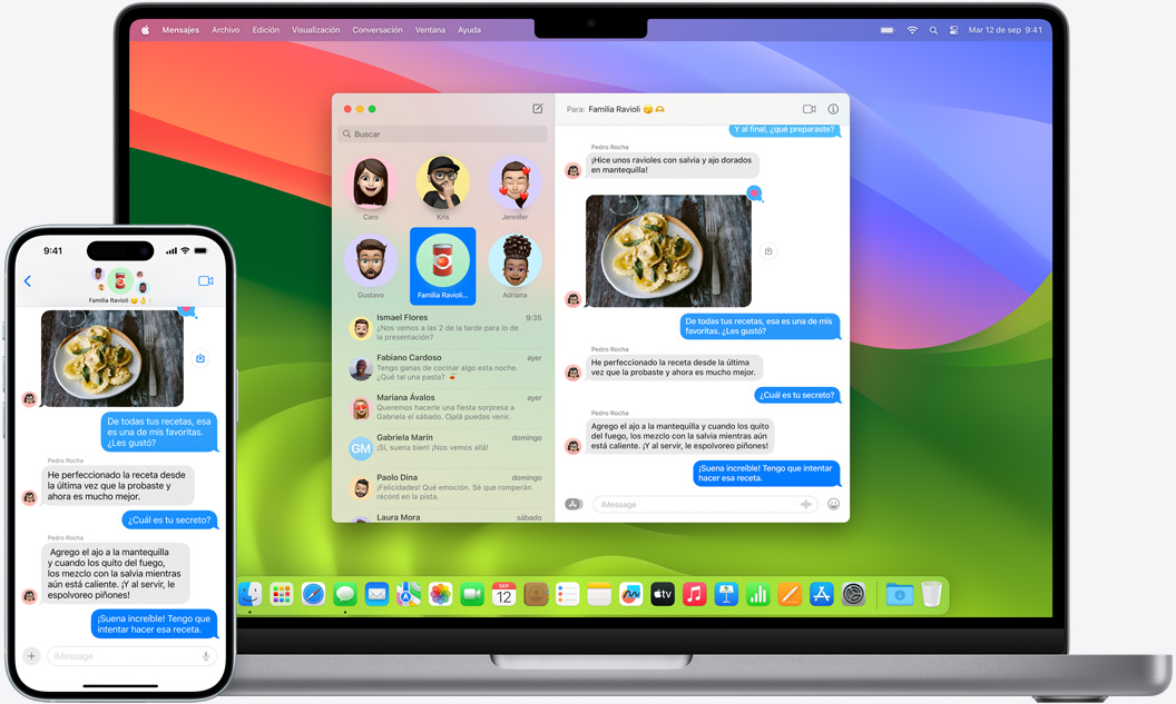 Un iPhone y una MacBook muestran la misma conversación de iMessage.