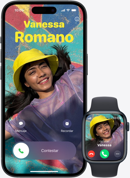Una llamada telefónica entrante puede responderse en el iPhone o el Apple Watch.