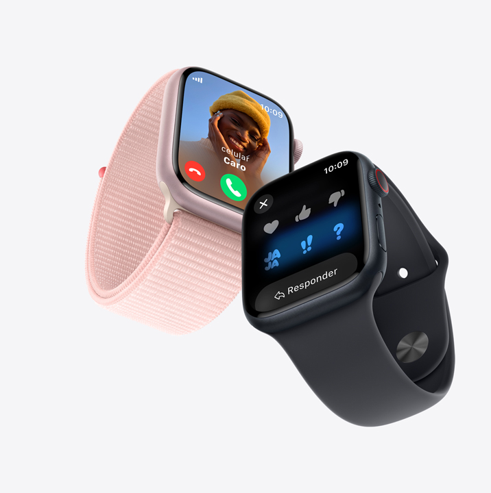 Dos Apple Watch Series 9. El primero con una llamada entrante. El segundo muestra una conversación por mensajes de texto.