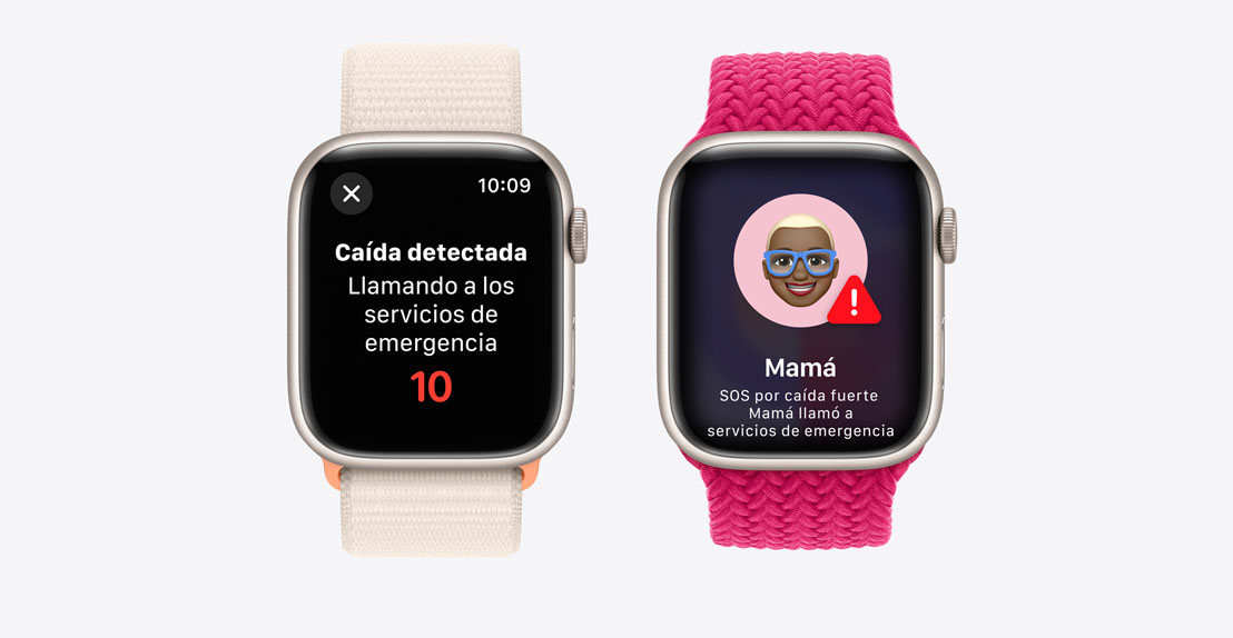 Dos Apple Watch Series 9. El primero muestra que se detectó una caída y se está llamando a los servicios de emergencia. El segundo muestra que "Mamá" sufrió una caída fuerte y que se llamó a los servicios de emergencia.