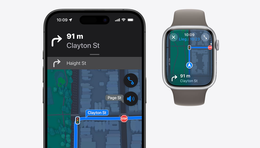 Se muestran indicaciones detalladas en un iPhone 15 Pro y en un Apple Watch Series 9.