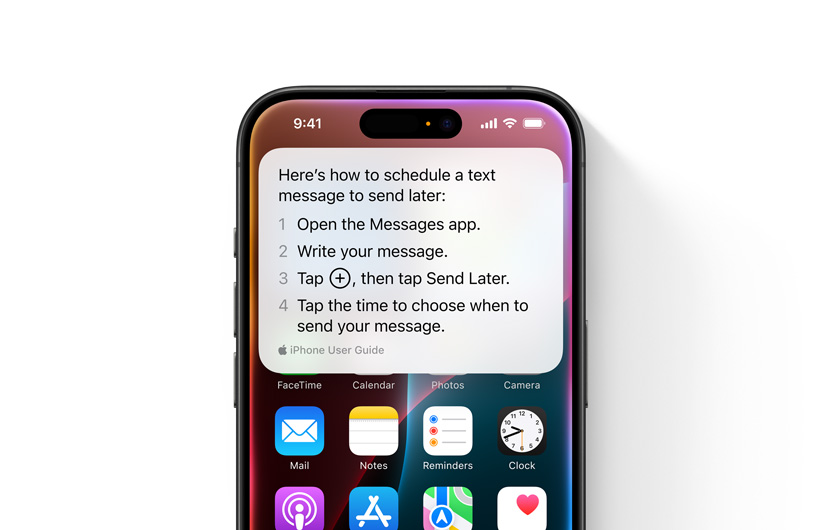 جهاز iPhone معروض مع إرشادات خطوة بخطوة حول كيفية جدولة رسالة نصية لإرسالها لاحقاً