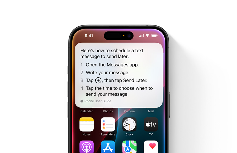 An iPhone is shown with step-by-step guidelines on how to schedule a text message to send later