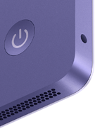 iMac, rear exterior, purple color, features: power button, headphone jack, and speaker grille