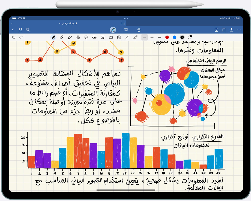 الملاحظات المكتوبة بخط اليد والمخططات في iPad Air، قلم Apple Pro مثبت.