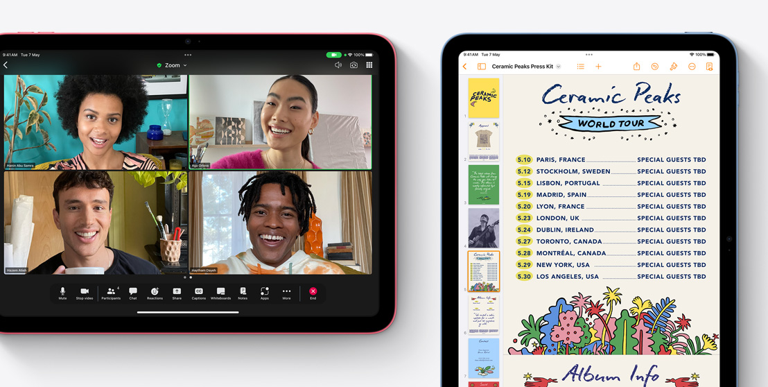 Two iPads shown, one showcasing a FaceTime video call and the other featuring the Pages app.
