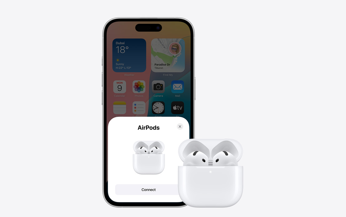 Airpods and iPhone with screen showing the two are connected.