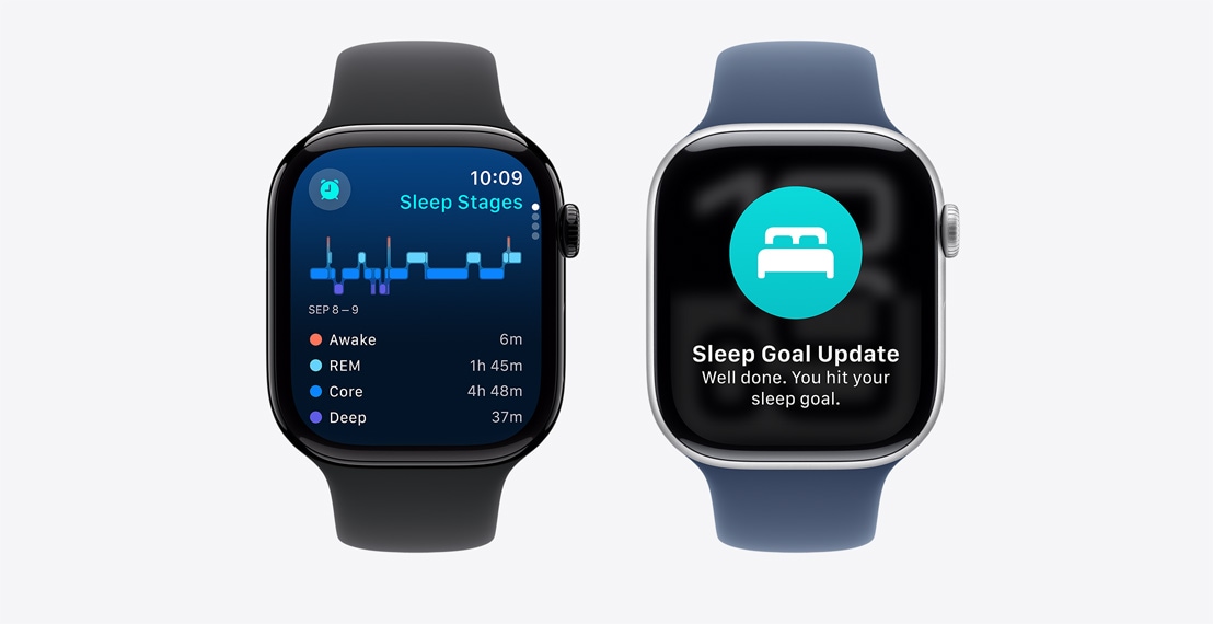 Two Apple Watch Series 10. The first shows Sleep Stages data. The second shows a Possible Sleep Apnea notification.