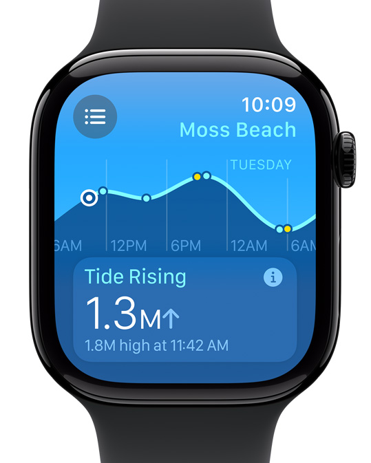 Apple Watch Ultra displaying the new Tides app onscreen.