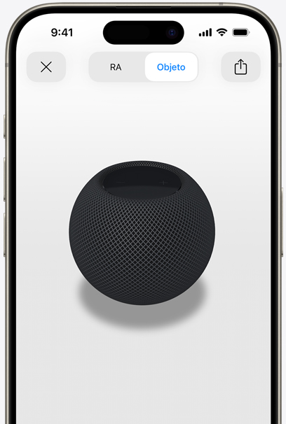 Un HomePod mini gris espacial en la pantalla de un iPhone con realidad aumentada.