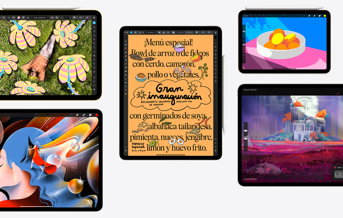 Colección de cinco dispositivos iPad diferentes que muestran distintas apps, como Affinity Photo 2, Procreate, Affinity Designer 2 y Procreate Dreams.