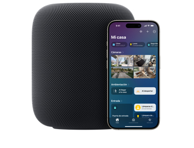 Imagen que muestra un HomePod color medianoche junto a un iPhone con la interfaz de  'Mi casa ' en la app Casa
