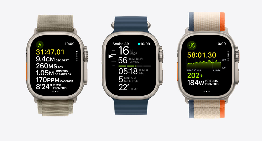 Tres Apple Watch Ultra 2. El primero muestra un entrenamiento de carrera. El segundo muestra datos de buceo en Oceanic+. El tercero muestra un entrenamiento en bicicleta.