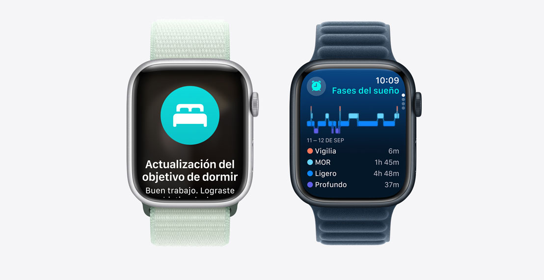Dos Apple Watch Series 9. El primero muestra una notificación de que alguien alcanzó su objetivo de sueño. El segundo muestra los datos de Fases del Sueño.