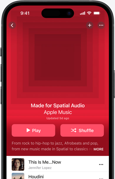 iPhone screen with Made for Spatial Audio playlist cover art in the Apple Music app
