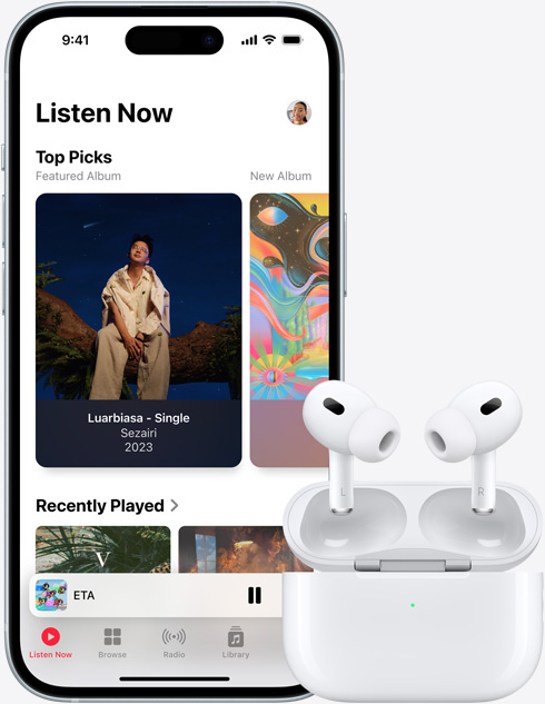 An image of iPhone 15 playing a track through Apple Music sits next to a pair of AirPods.