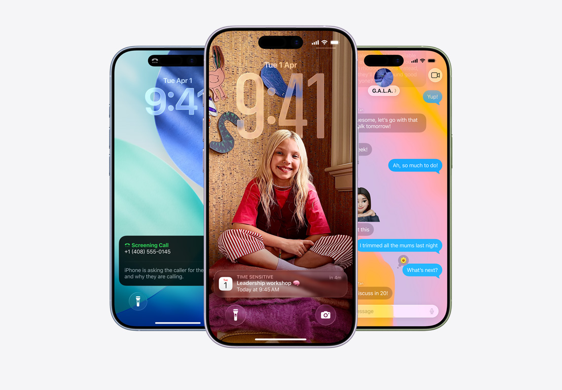 iPhone screen showing call screening pop-up, iPhone screen showing Calendar pop-up on personalised background with photo of a child, iPhone screen showing Messages with Liquid Glass design