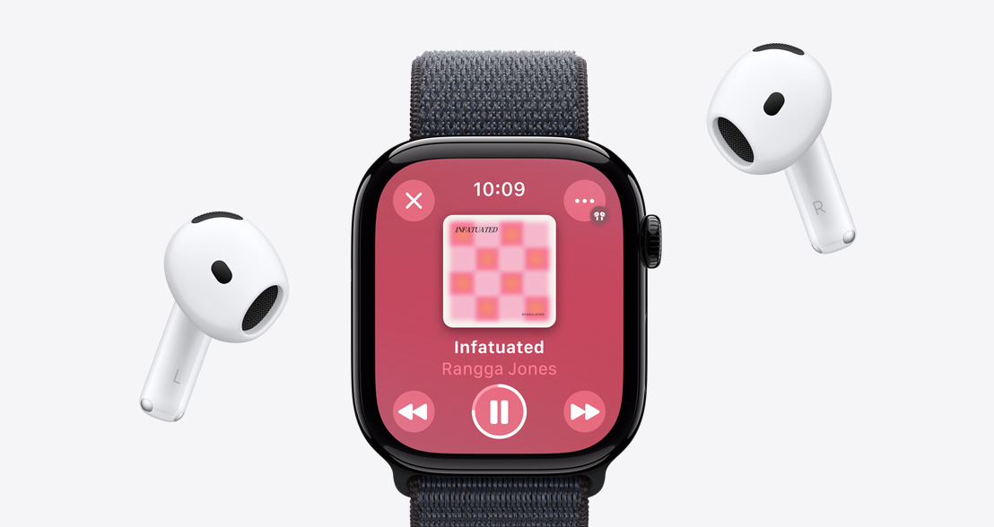 AirPods 4 around an Apple Watch Series 10 with an Apple Music Playlist playing.