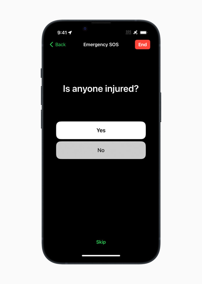 A screen from Emergency SOS via satellite on iPhone 14 Pro asks the user “Is anyone injured?”