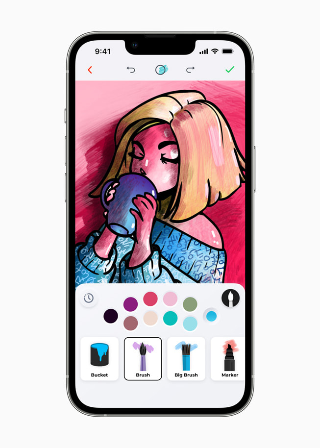 Illustration d’un portrait utilisant différentes couleurs et techniques de pinceau dans l’app MWM.