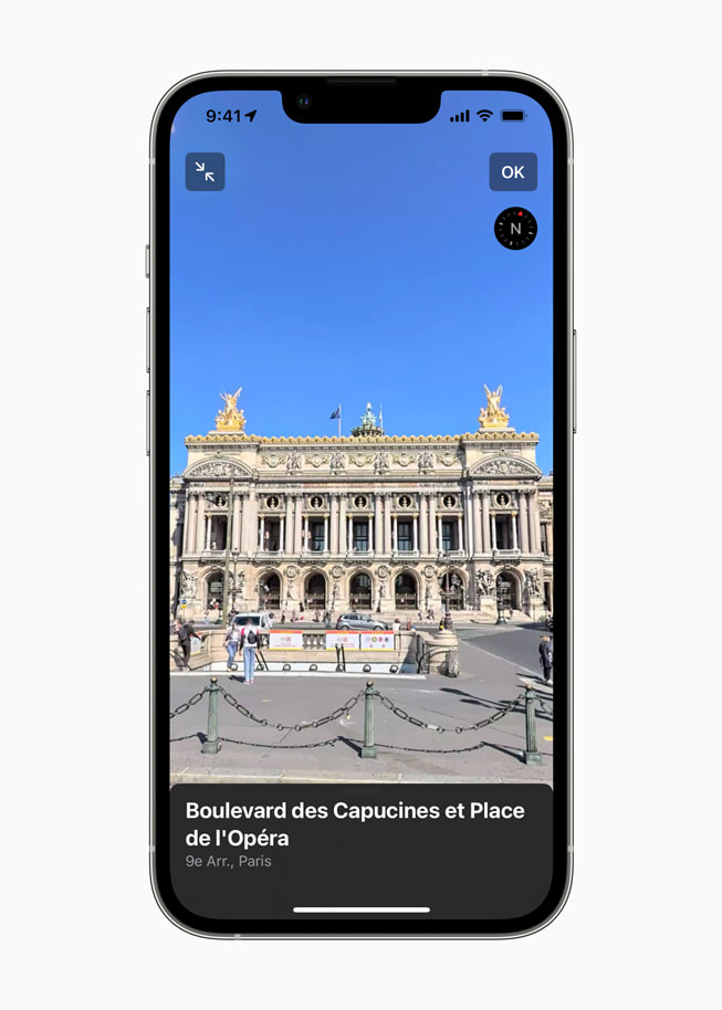 La fonctionnalité Vue à 360° de Plans sur le boulevard des Capucines et la place de l’Opéra sur l’écran de l’iPhone 13 Pro. 