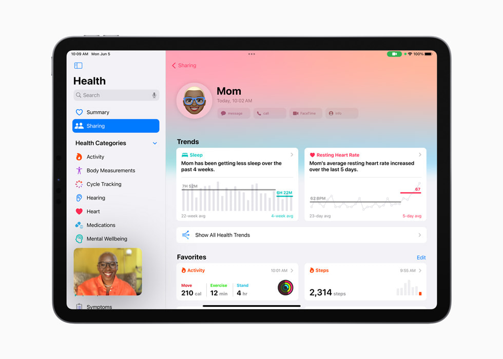 iPad Pro menampilkan Berbagi di aplikasi Kesehatan dari “Mom”.