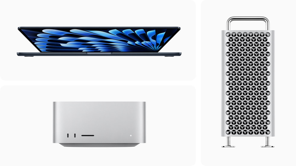 Nye 15-tommers MacBook Air, Mac Studio og Mac Pro vises.