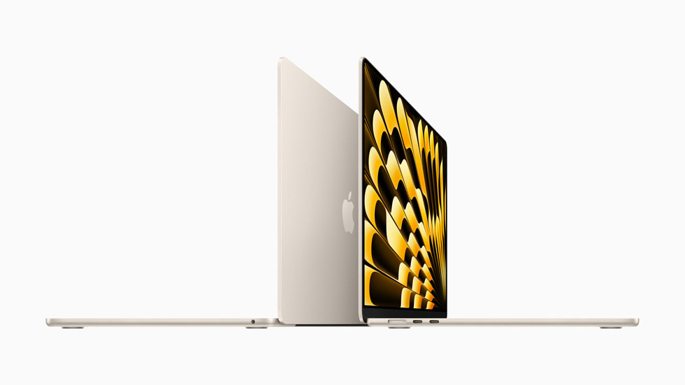A side view of two thin 15-inch MacBook Air computers is shown.