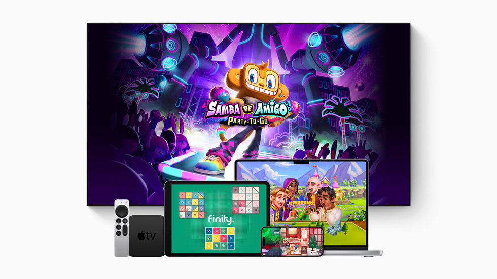 Nieuwe games in Apple Arcade op Apple TV, 14-inch MacBook Pro, 11-inch iPad Pro en iPhone 14 Pro.