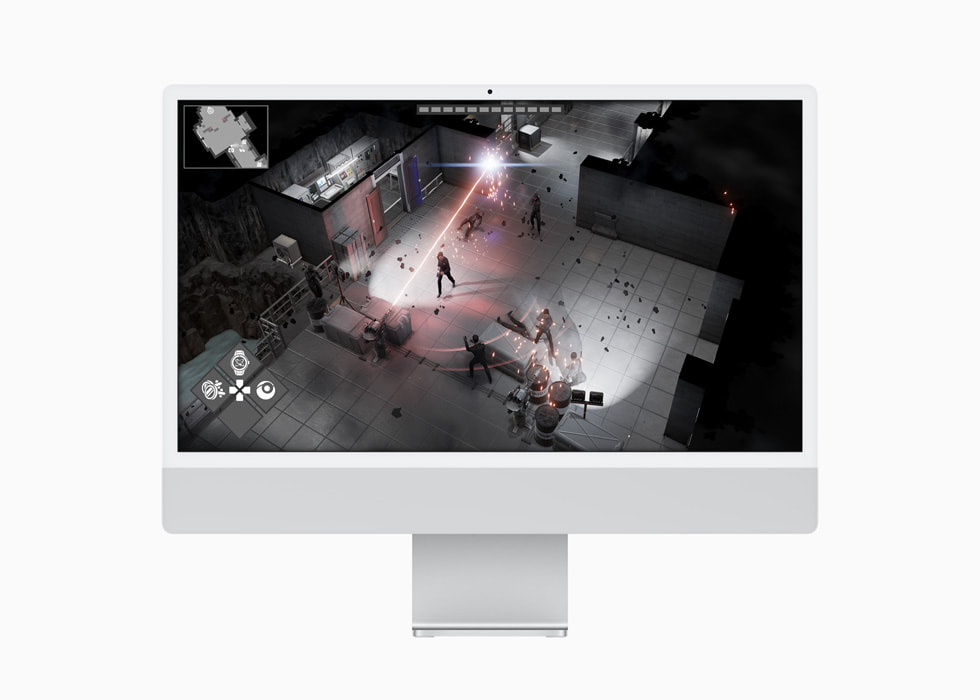 iMac 上的《Cypher 007》遊戲畫面顯示詹姆士龐德與敵方進行戰鬥。 