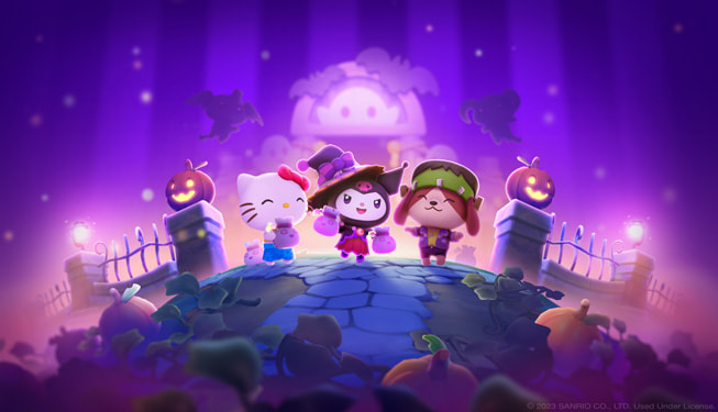 Een beeld uit de game Hello Kitty Island Adventure, waarop Hello Kitty en haar vriendjes te zien zijn.