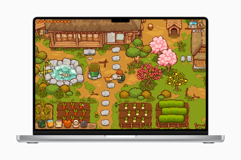Gambar statis dari game Japanese Rural Life Adventure di MacBook Pro menampilkan karakter dan seekor anjing di taman dalam gaya seni piksel.