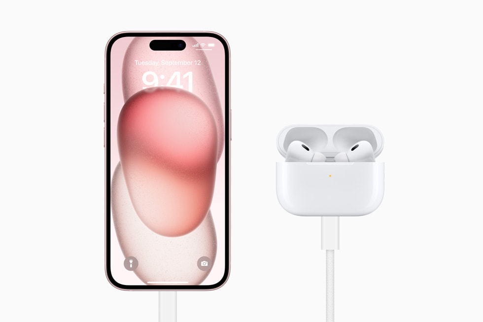 iPhone 15 is shown next to AirPods Pro (2nd generation).