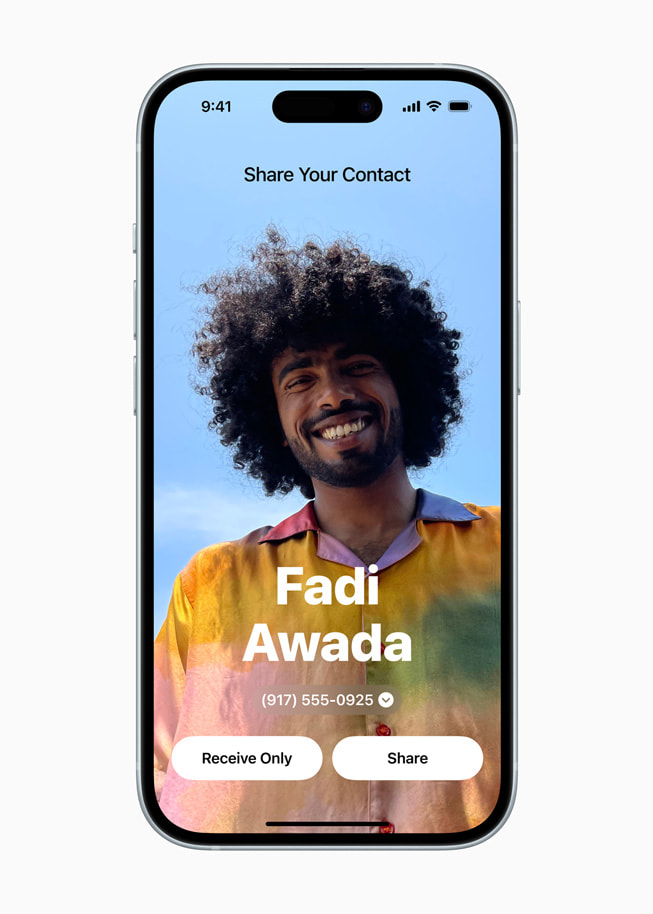 iPhone 15 shows a person’s photo with the message “Share Your Contact.”