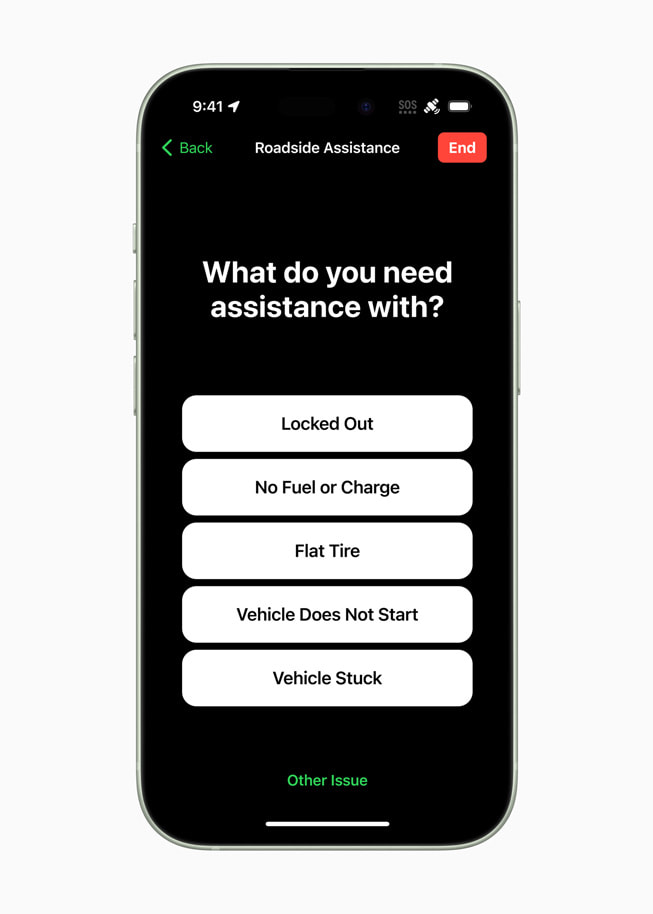 iPhone 15 shows the questionnaire for Roadside Assistance via satellite, including the question, “What do you need assistance with?”