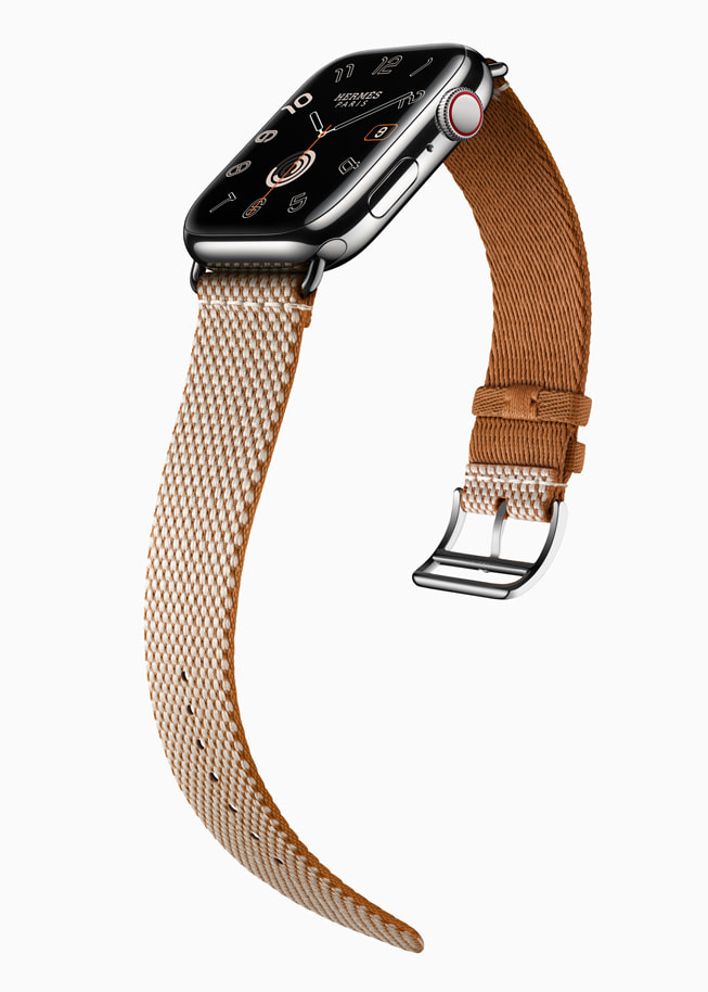 Se muestra un Apple Watch Hermès con la correa Twill Jump.