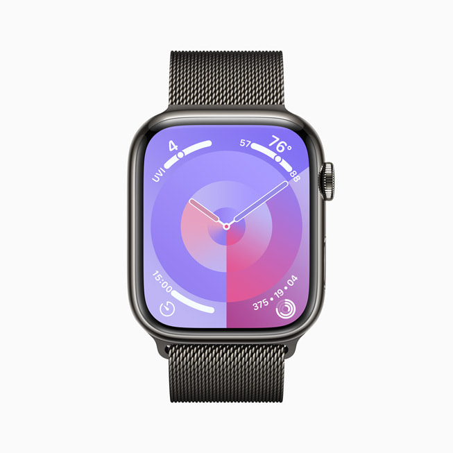 Se muestra la nueva carátula Paleta en un Apple Watch Series 9 con correa estilo milanés.