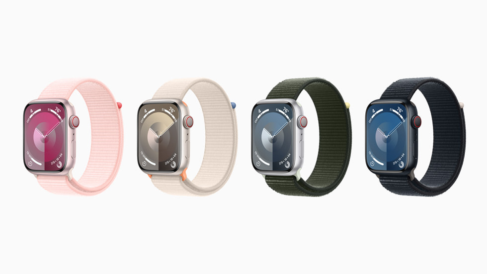 흰색 배경에 4개의 탄소 중립 Apple Watch Series 9 기기를 보여주는 이미지.