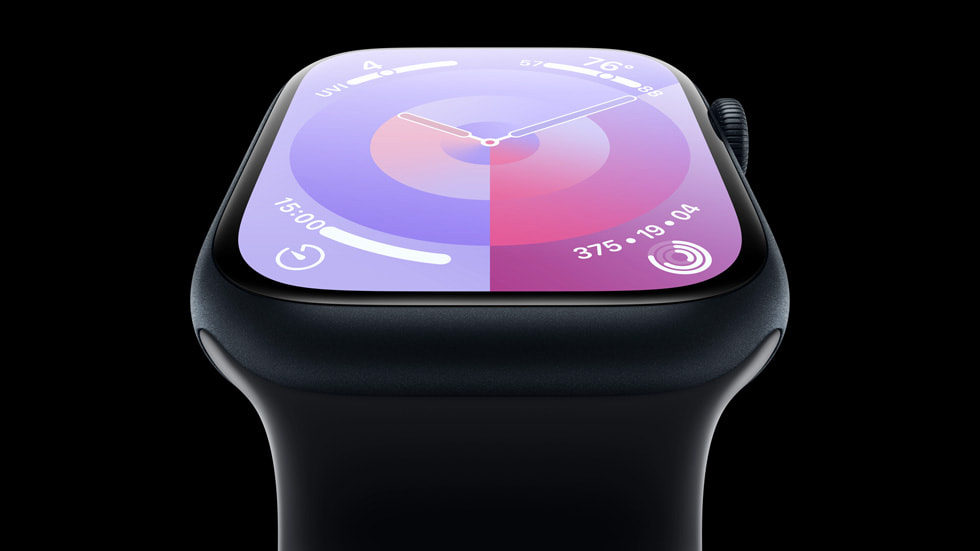 Imagen de la luminosa pantalla del Apple Watch Series 9 sobre un fondo negro.
