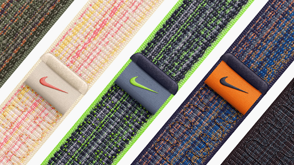 Primer plano de la nueva correa Loop Nike Sport en cinco combinaciones cromáticas.