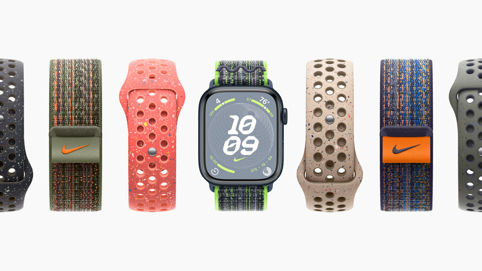 다양하고 다채로운 Nike 스포츠 루프 및 Nike 스포츠 밴드의 시원한 색상을 보여주는 7개의 Apple Watch Series 9 기기.