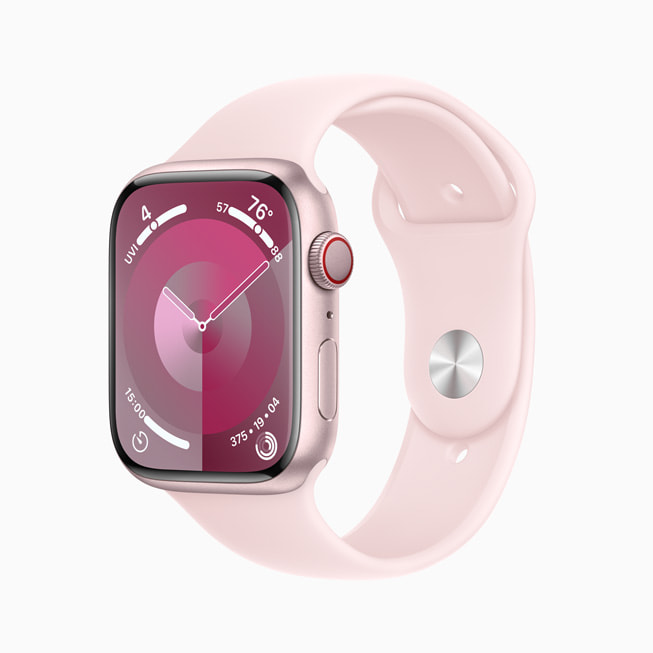 Un Apple Watch Series 9 con caja de aluminio en rosa y una correa deportiva rosa.