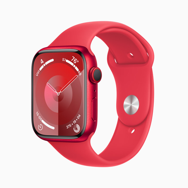 Un Apple Watch Series 9 con caja de aluminio (PRODUCT)RED y una correa deportiva (PRODUCT)RED.