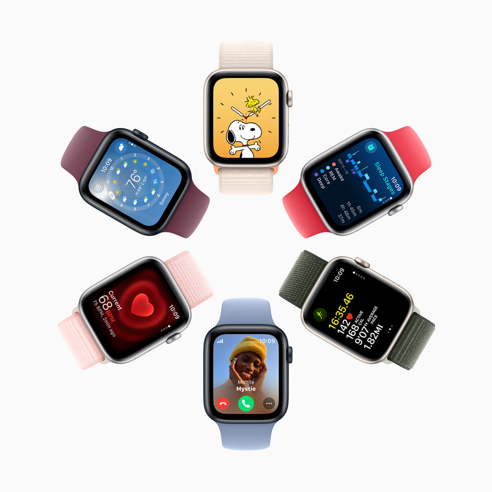Six screens — including the new Snoopy watch face, the Weather app, sleep stages, an in-progress workout, an incoming call from a friend, and a user’s heart rate data — are shown on Apple Watch SE models with different band colors.
