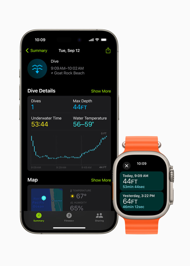 Spárované hodinky Apple Watch Ultra a iPhone 15 Pro na bílém pozadí. Obě zařízení zobrazují uživatelovy statistiky ponorů.