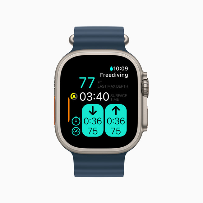 Die Apple Watch Ultra mit Statistiken zum Freitauchen.