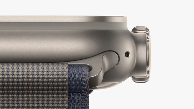 Nahaufnahme der Apple Watch Ultra 2, die zeigt, wo das Armband an der Uhr befestigt ist.